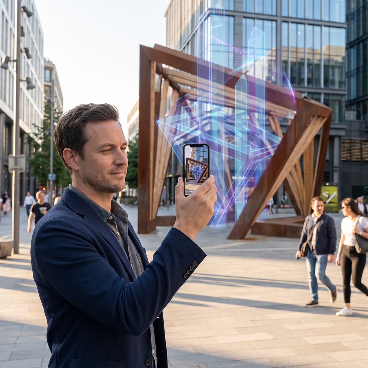 Bărbat folosind telefonul pentru a explora o instalație cu realitate augmentată într-un spațiu public, exemplu de marketing experiential interactiv