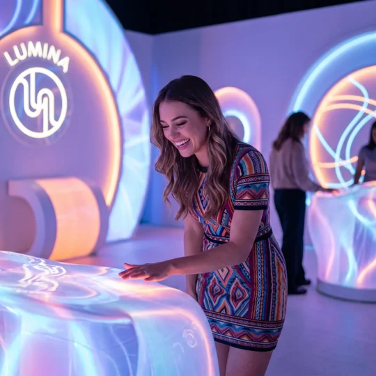 Femeie interacționând cu o instalație digitală imersivă de brand, ilustrând diferența dintre customer experience și brand experience
