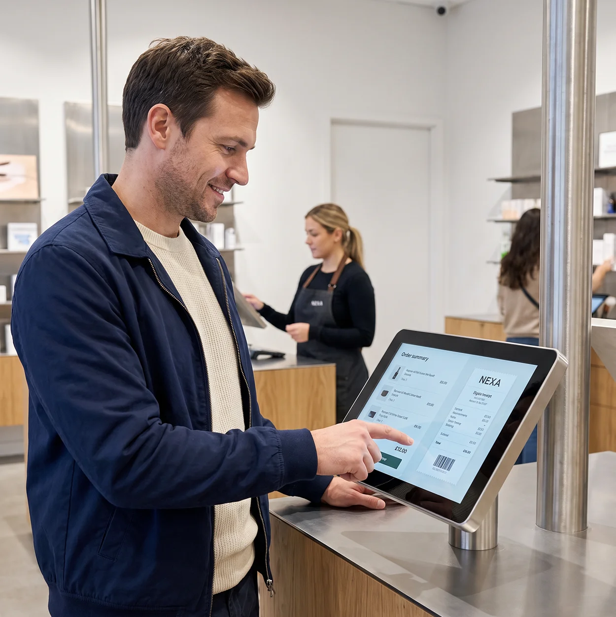 Client folosind rapid un checkout digital self-service, ilustrând o experiență a clientului simplă și eficientă