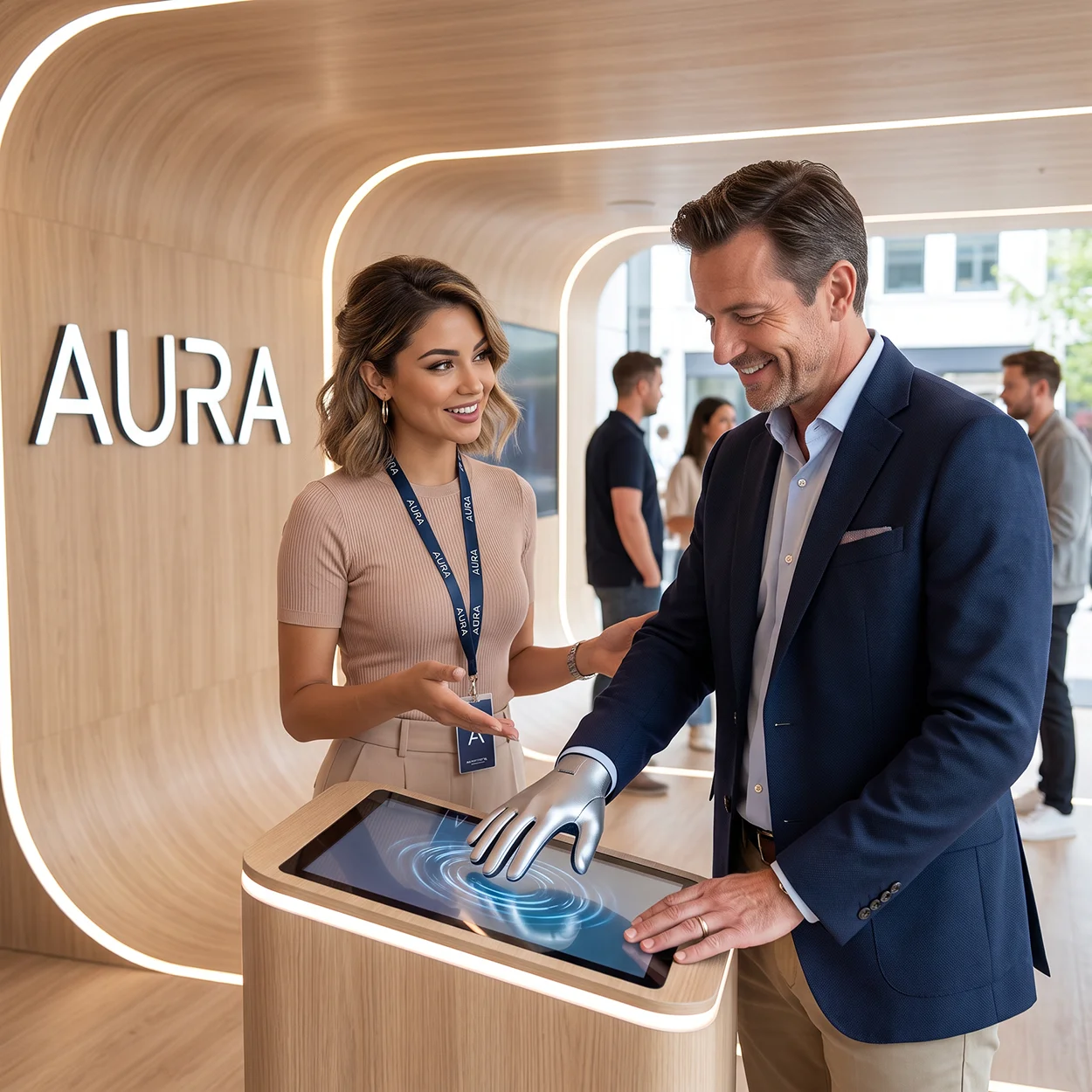 Bărbat testând un produs interactiv cu ajutorul unui brand ambassador, într-o experiență de brand modernă