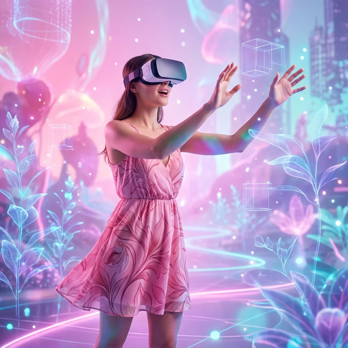 Femeie folosind o cască de realitate virtuală într-un mediu digital imersiv, ilustrând diferențele dintre realitatea augmentată și realitatea virtuală