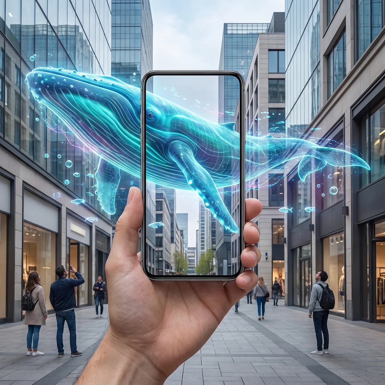 Telefon care afișează o balenă virtuală suprapusă peste un spațiu urban real, ilustrând o experiență de realitate augmentată