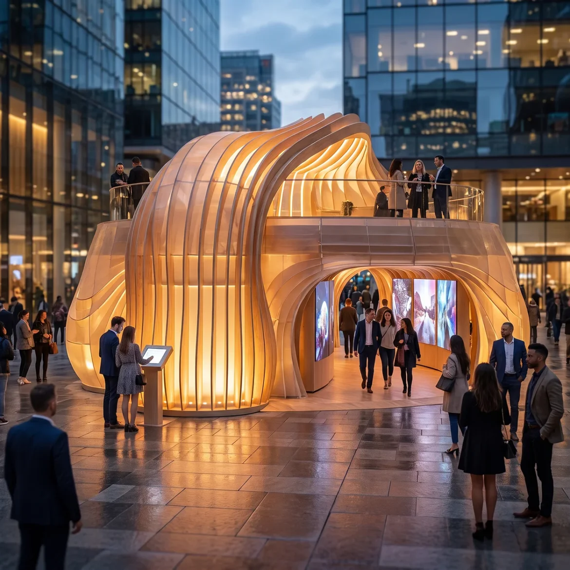 Pavilion temporar spectaculos, iluminat seara într-o piață urbană, vizitat de public într-o experiență pop-up de brand