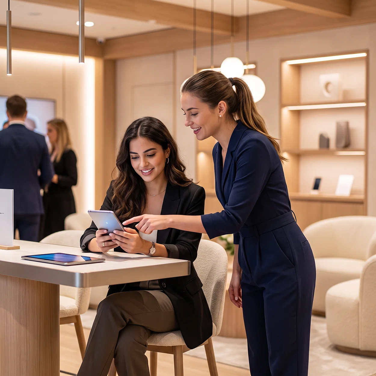 Femeie testând un produs într-un pop-up premium cu ajutorul unei brand ambassador, într-o experiență de product trial