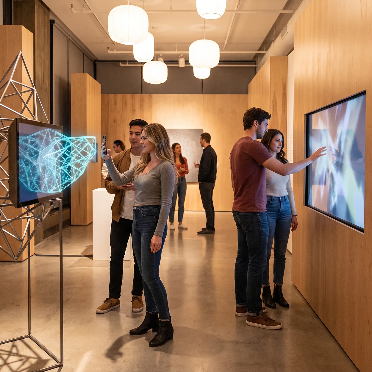 Vizitatori folosind telefoane și ecrane interactive în cadrul unor pop-up experiences care combină spațiul fizic cu elemente digitale