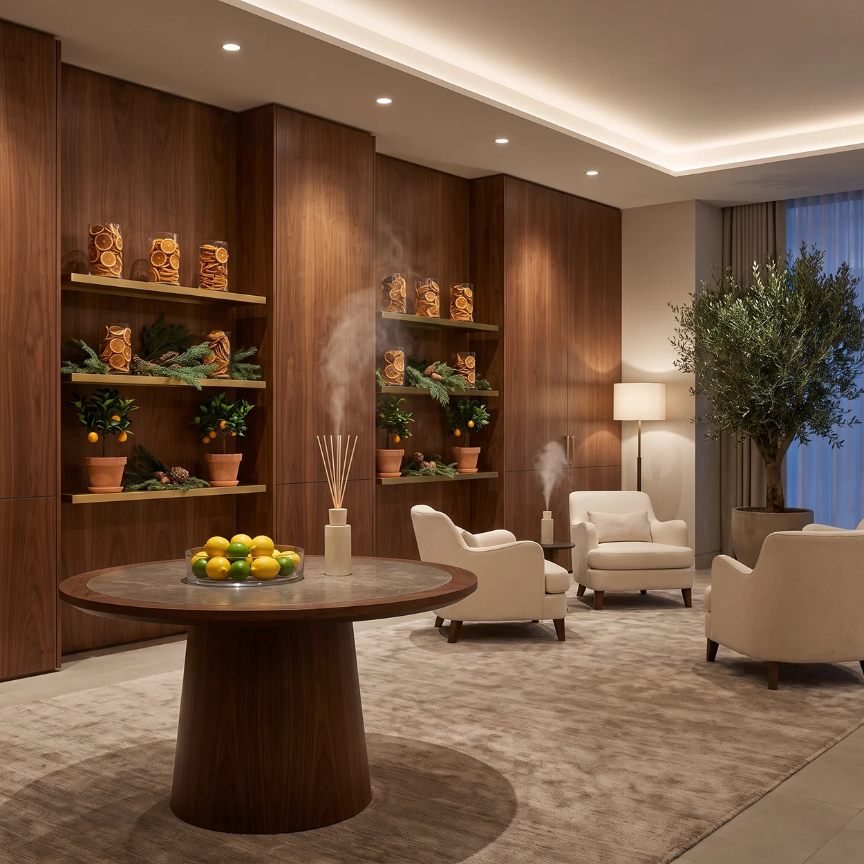 Scent marketing într-un spațiu elegant, cu citrice, lemn și plante integrate în design pentru a sugera o identitate olfactivă coerentă