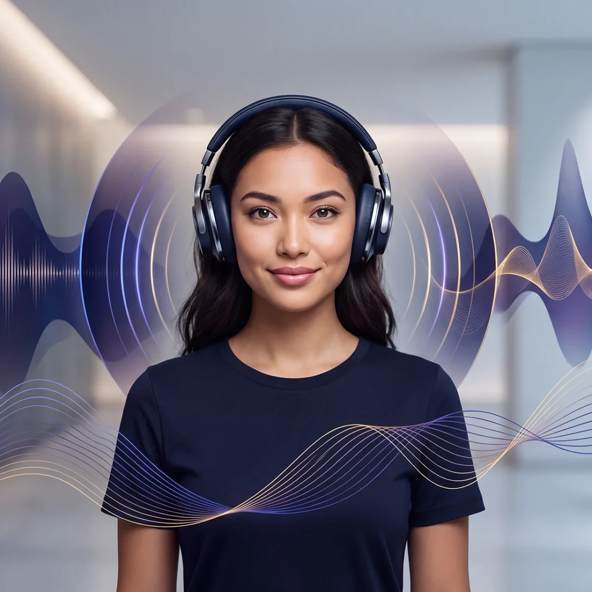 Sonic branding ilustrat printr-o tânără cu căști premium, înconjurată de unde sonore și forme grafice inspirate de frecvențe audio